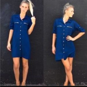 Amanda Uprichard Long Sleeve Zip Pocket Button-up Mini Dress, Navy Blue, Size S